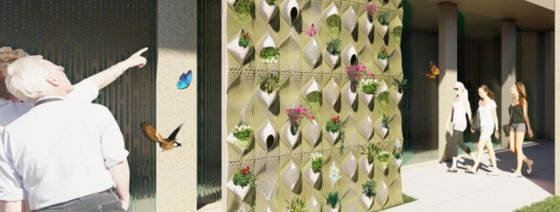 Muestra la aplicación de la cerámica impresa en un muro exterior